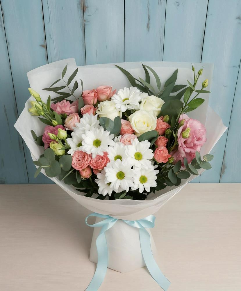 Букет цветов из: Розы, Лизиантусы и Хризантемы в Нижнее Маслово