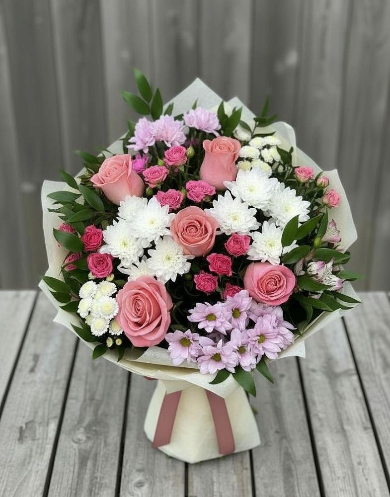 Букет цветов из: Альстромерии, Гвоздики, Розы и Хризантемы в Нижнее Маслово