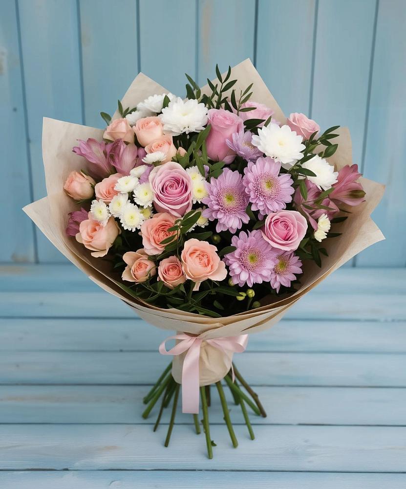Букет цветов из: Хризантемы, Розы и Альстромерии в Нижнее Маслово