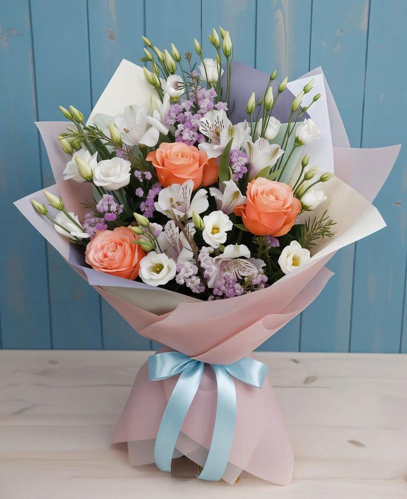 Букет цветов из: Лизиантусы, Розы, Альстромерии и Гипсофила в Нижнее Маслово