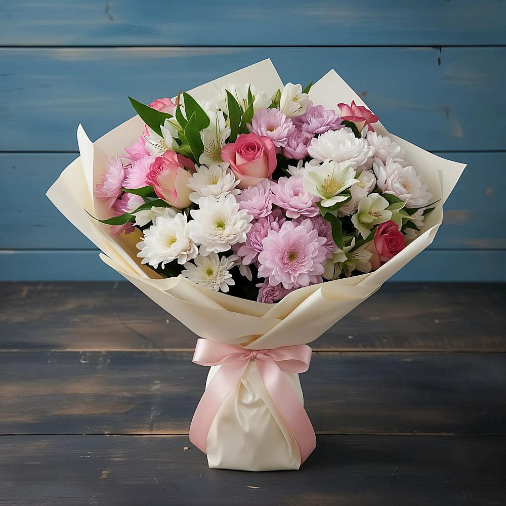 Букет цветов из: Хризантемы, Альстромерии и Розы в Нижнее Маслово